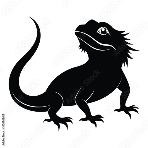 A striking black silhouette of a bearded dragon showcasing its unique spiky features isolated on white background
