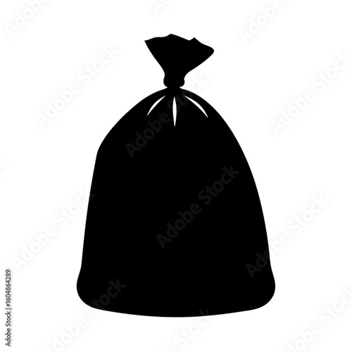Monochrome Illustration of a Tied Black Plastic Bag on a White Background