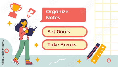 A young woman is organizing her notes and setting goals while taking breaks symbolizing productivity and achievement with a trophy