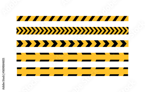 Yellow and black caution tape stripes in different patterns including chevrons and diagonal lines, used for safety warnings, construction zones, and hazard markings