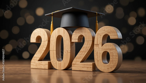 Class of 2026 concept. Wooden number 2026 with graduate hat on dark background with bokeh. 3d render