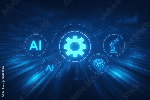 Futuristic ai and automation concept with glowing blue icons on dark background