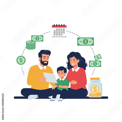 Family planning finances together with savings jar and calendar for future goals
