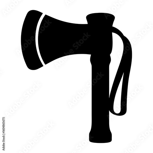 Silhouette of Hand Axe or Hatchet Icon, Black silhouette of a hand axe or hatchet with a strap, typically used for chopping wood, camping, survival, or outdoor tool graphics.
