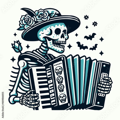 Skeleton playing accordion with roses, festive mood, artistic illustration, Day of the Dead concept