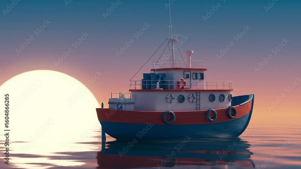 Cartoon Fishing Boat Floating on Calm Water Surface at Sunset Cartoon Fishing Boat Floating on Calm Water Surface at Sunset