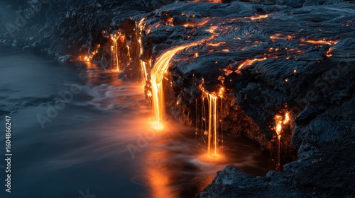 Molten lava flows into dark water