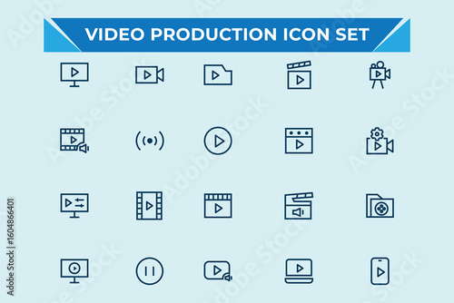 Video production new stylist  solid icons.Broadcasting, Communication, Video,Cinema,video player, live streaming,Play Button icons and more. Vector illustration.