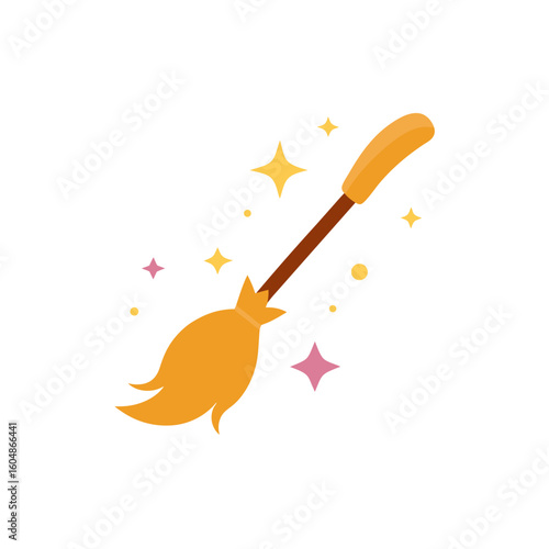 magic broom floating in midair with sparkles isola
