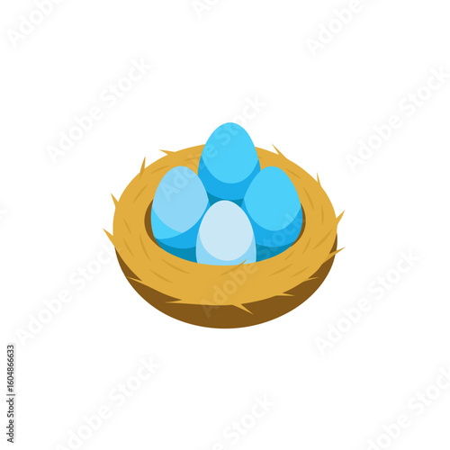 realistic bird nest with three blue eggs isolated