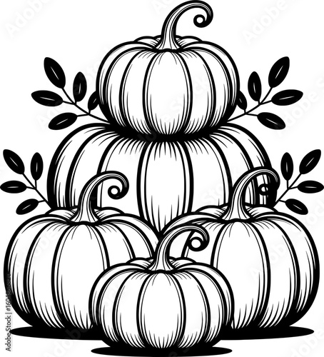 Black and white vector illustration of perfectly stacked pumpkins with curved stems, autumn leaves, and bold outlines in cozy farmhouse silhouette style on white background