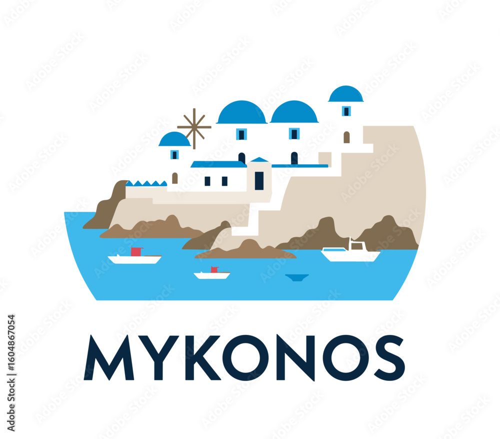 Naklejka premium Modern vector of Mykonos with white houses, blue domes, cliffs and boats floating in turquoise sea