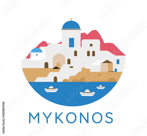 Flat illustration of Mykonos with pink mountains, boats, blue domes and white houses in emblem style