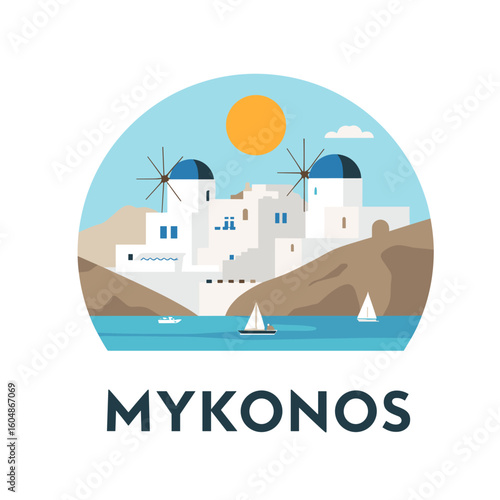 Minimal vector of Mykonos with domed houses, cliffs, sea, sailing boat and bright sun in half-circle emblem