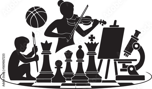 Diverse activities represented by silhouettes including sports art music and science