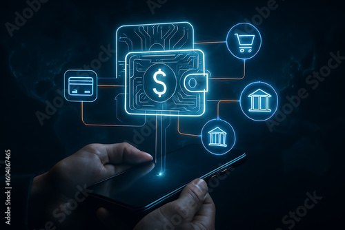 Digital wallet icon with dollar sign connecting payment methods and financial institutions over smartphone in futuristic virtual banking financial transaction concept