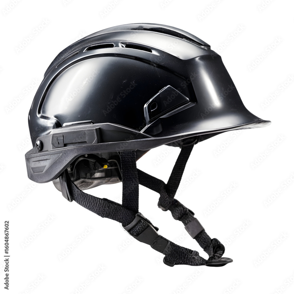 Fototapeta premium Modern black safety helmet with adjustable chin strap and ventilation slots isolated on transparent background