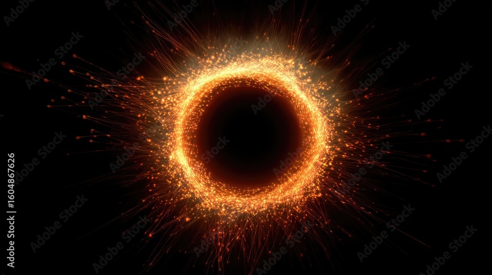 Fototapeta premium Explosion particle effect on black background. Neon shock wave
