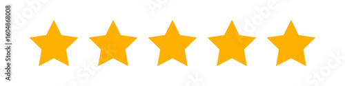 Row of five orange stars representing a perfect rating, commonly used in reviews, customer feedback, satisfaction scores, service quality, and performance evaluation