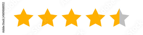Row of five stars showing four full orange stars and one half gray, representing a 4.5 out of 5 rating for excellent customer feedback, high satisfaction, or quality review scores