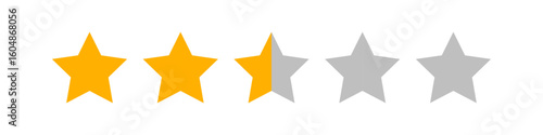 Row of five stars showing two full orange stars and one half gray star, representing a 2.5 out of 5 average rating used in reviews, feedback, and product performance evaluation