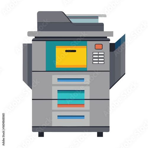 Modern office copy machine illustration with clean lines and vibrant colors isolated on white background