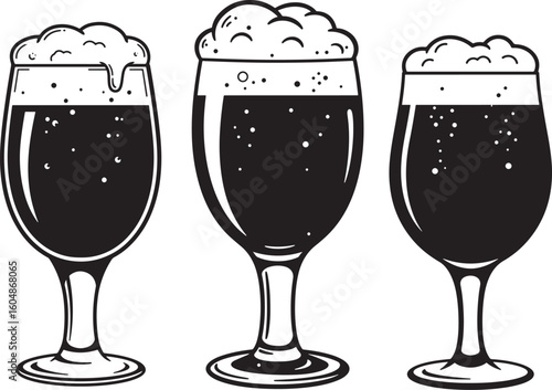Three glasses of dark beer with foam silhouette