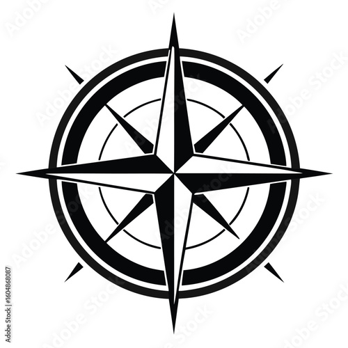 Classic navigational compass silhouette with directional points isolated on white background for design projects