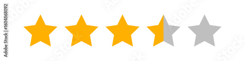 Row of five stars showing three full orange stars and one half gray, representing a 3.5 out of 5 rating used in customer reviews, feedback scores, and product evaluations