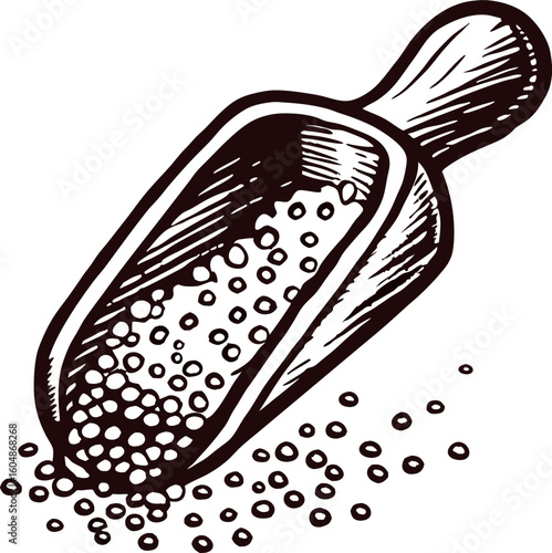 Vintage engraved illustration of scoop filled with granular salt hand drawn isolated on white background