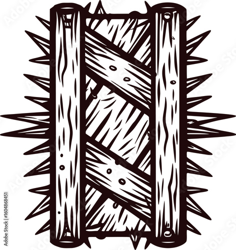 Wooden spiked trap illustration vintage engraved dangerous board with sharp spikes hand drawn  line art isolated