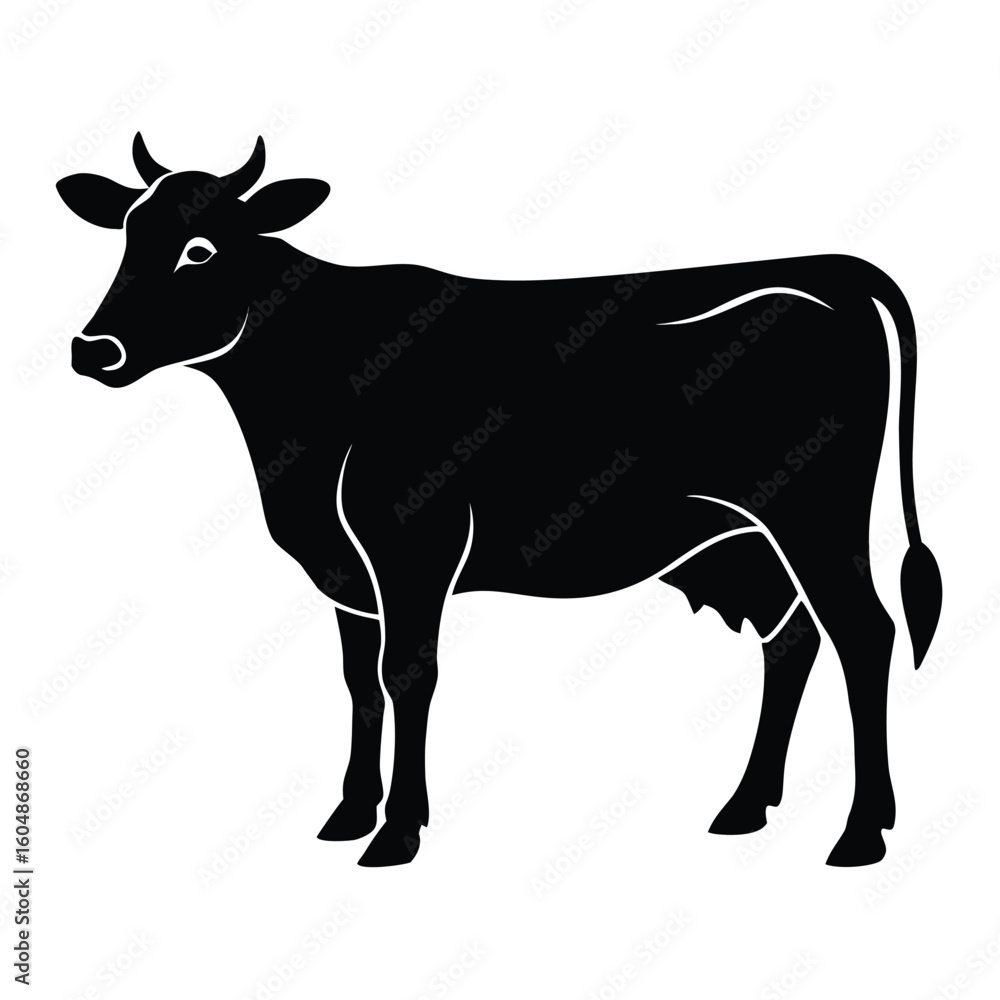Fototapeta premium A detailed black silhouette of a cow standing gracefully presented isolated on a clean white background for versatile design applications isolated on white background
