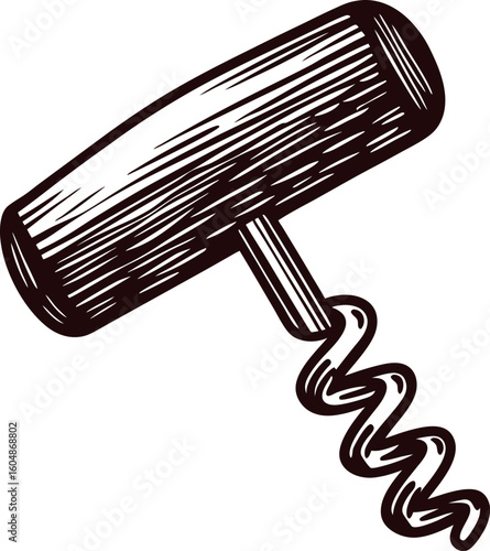 Vintage hand drawn corkscrew with wooden handle and metal spiral illustration on white background