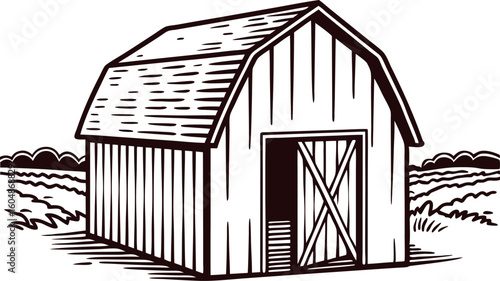 Vintage black and white illustration of barn building with open doors in rural field, hand drawn engraving