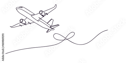 Airplane in flight continuous one line art style vector with looping line and white background