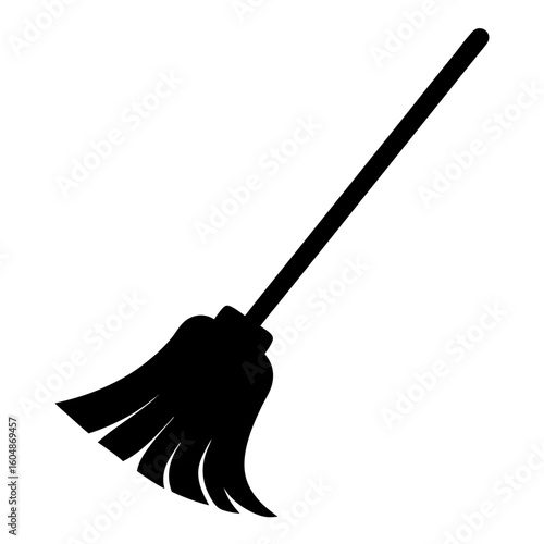 Silhouette of Mop Icon for Cleaning Services, Black silhouette of a mop with long handle, commonly used in cleaning, janitorial, housekeeping, or sanitation-related graphics and icons.
