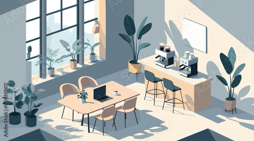 Bright modern office breakroom with plants, coffee station, and collaborative meeting table