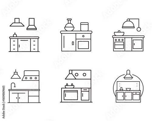Kitchen Furniture Set Line Art Collection of Modern Minimalist Cabinets and Countertops for Interior Design and Home Improvement