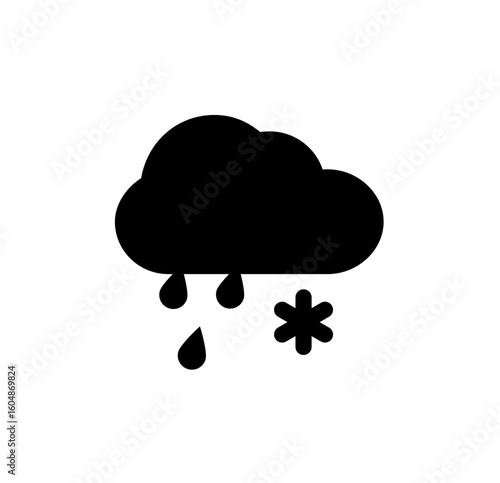 A simple black and white illustration depicting a cloudy sky with rain and snowflakes falling.