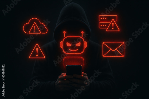Cyber hacker with malicious chatbot using ai and virus warning icons to represent digital fraud scams phishing and cybersecurity risks via smartphone