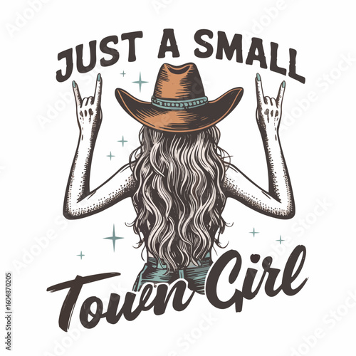 Retro Western Illustration of a Small Town Girl in a Cowboy Hat with Rock Hand Signs and Wavy Hair – Country-Inspired Graphic Design