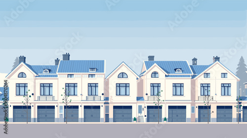 Charming row of modern townhouses with blue roofs and garages under a clear sky, perfect for real estate and lifestyle concepts