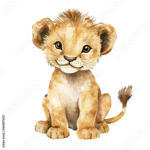 Cute lion cub depicted in adorable artwork with warm colors and gentle expression, perfect for a nursery or children's room decor