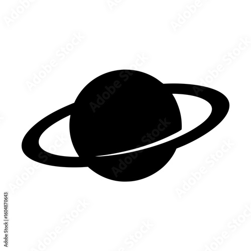 Stylized depiction of a planet with prominent rings in simple black silhouette