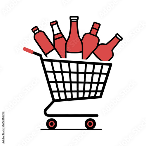 Shopping cart icon with alcohol bottles for liquor store purchase.