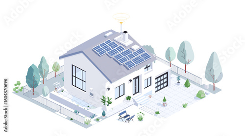 Modern eco-friendly home with solar panels powering a sustainable lifestyle and smart technology.