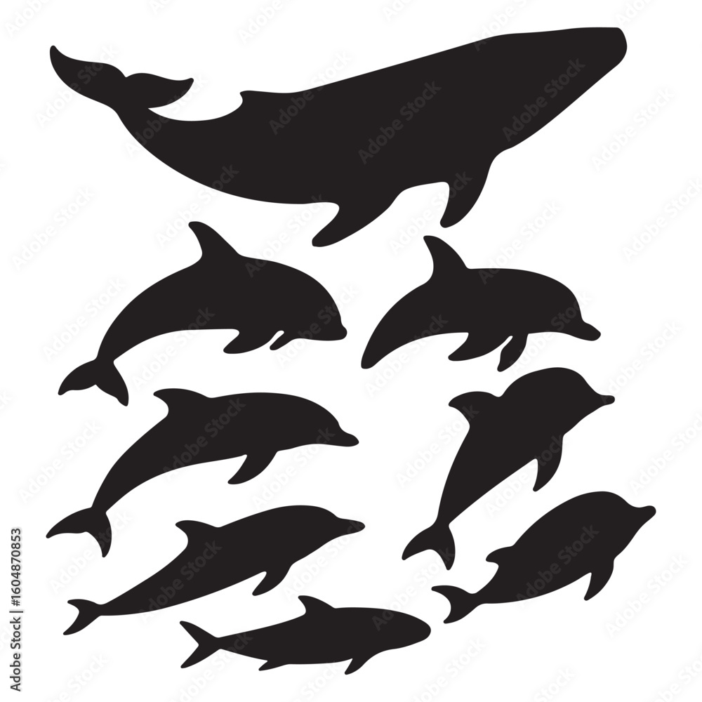 Fototapeta premium Whale and Dolphin Silhouette Icon Minimal Ocean Animal Vector