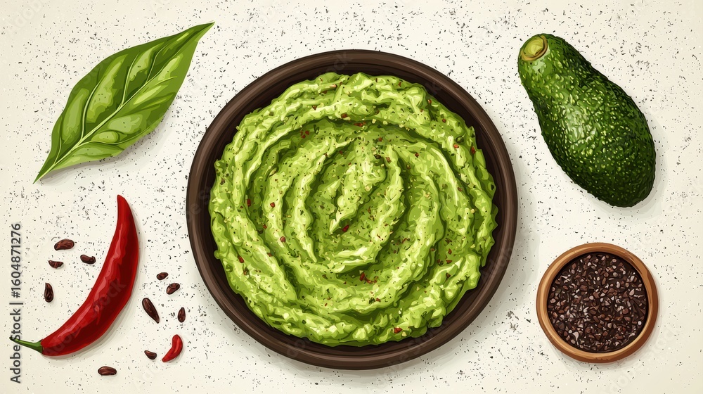 Obraz premium A bowl of creamy guacamole surrounded by an avocado, chili pepper, basil leaf, and a bowl of black sesame seeds on a speckled background.
