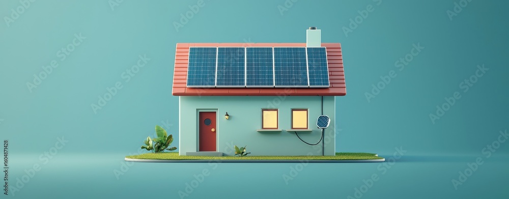 Fototapeta premium Sustainable home with solar panel roof in a simple 3D flat style