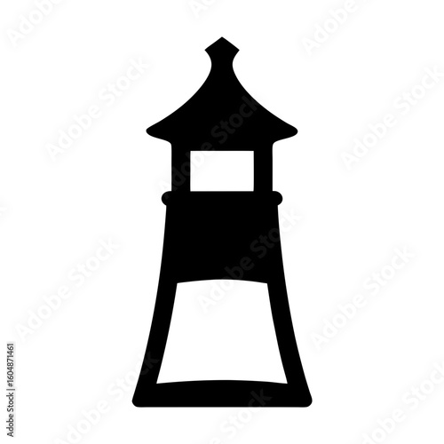 Silhouette of Asian Pagoda Tower Icon, Black silhouette of a traditional Asian-style pagoda tower, commonly used in cultural, architectural, or spiritual themed designs.
